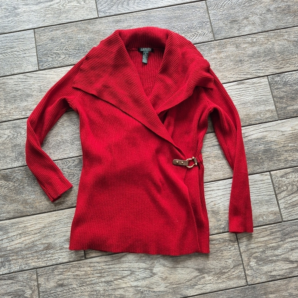 Lauren Ralph Lauren Red Ribbed Knit Wrap Sweater Medium Gold Buckle Shawl Collar